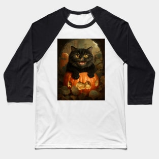 Retro Vintage Funny Chubby Black Cat and Pumpkin - Whimsical Autumn Delight Baseball T-Shirt